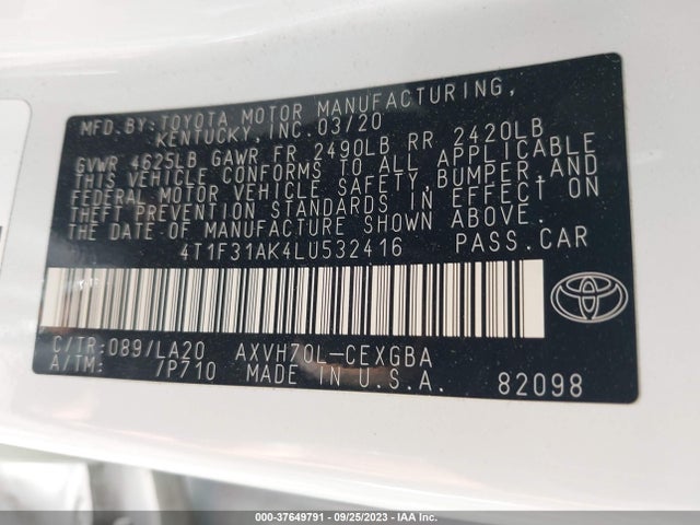 2020 TOYOTA CAMRY HYBRID XLE VIN: 4T1F31AK4LU532416