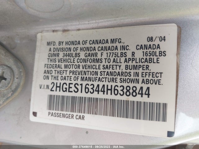 2004 HONDA CIVIC VP VIN: 2HGES16344H638844