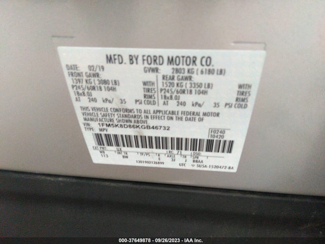 Ford EXPLORER XLT 2019 1FM5K8D86KGB46732 Image 9