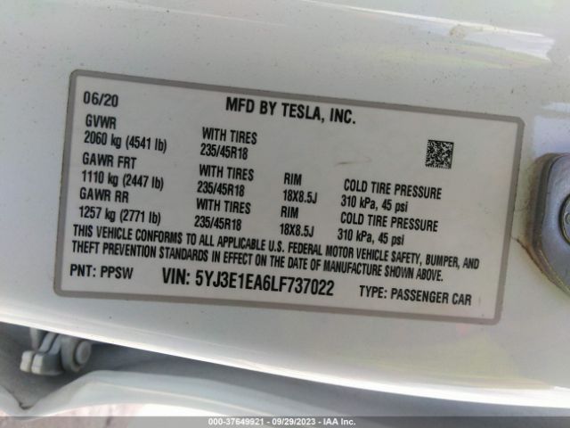 5YJ3E1EA6LF737022 Tesla Model 3 Standard Range