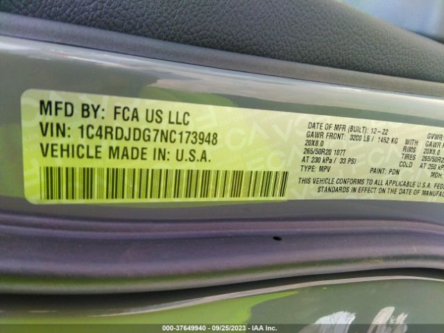 1C4RDJDG7NC173948 Dodge DURANGO GT