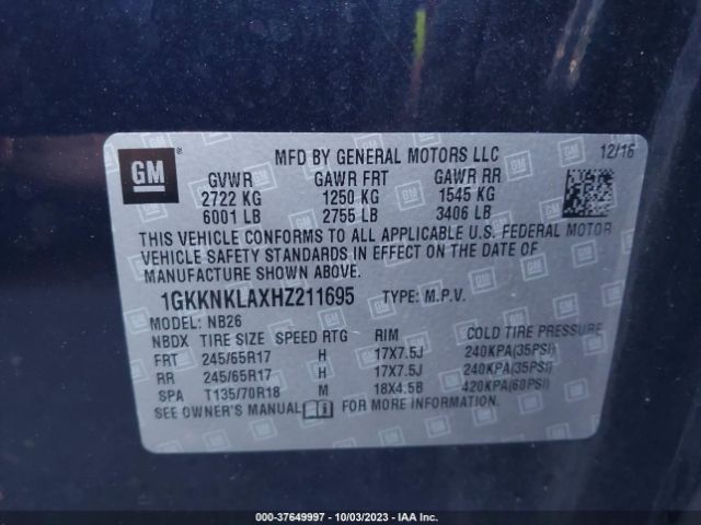 1GKKNKLAXHZ211695 GMC ACADIA SLE