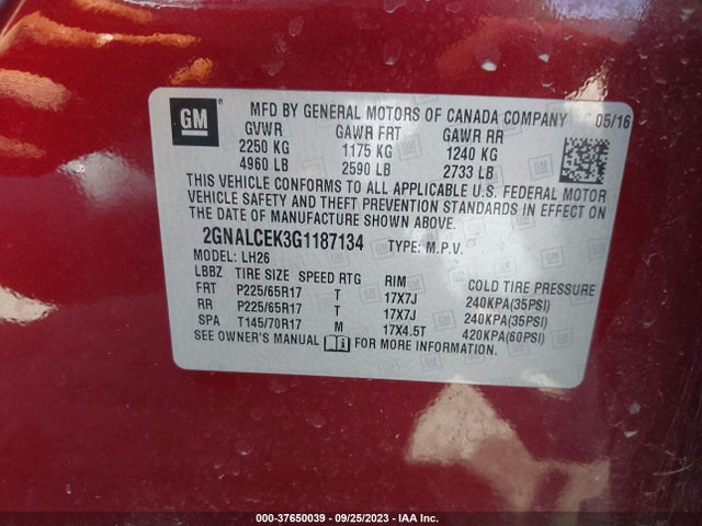 Chevrolet EQUINOX LT 2016 2GNALCEK3G1187134 Image 9