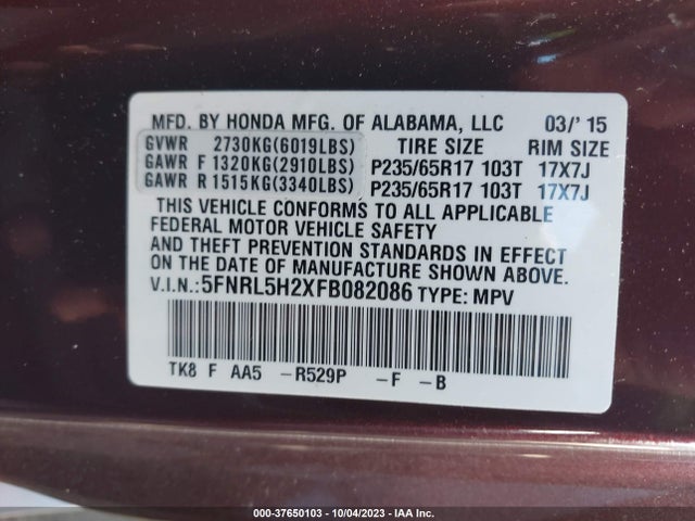 Honda ODYSSEY LX 2015 5FNRL5H2XFB082086 Image 9
