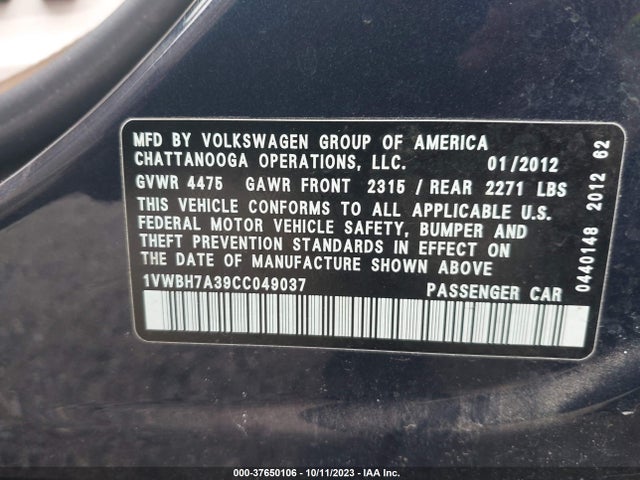 2012 VOLKSWAGEN PASSAT SE VIN: 1VWBH7A39CC049037