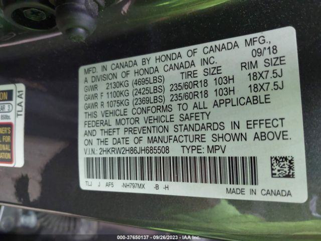 2HKRW2H86JH685508 Honda Cr-v Ex-l