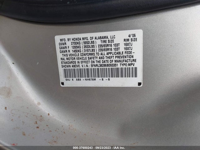 2006 HONDA ODYSSEY LX VIN: 5FNRL38286B093351