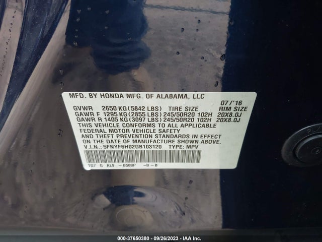 Honda Pilot Elite 2016 5FNYF6H02GB103120 Image 9