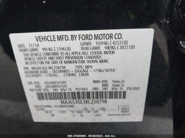 2019 FORD ECOSPORT SE VIN: MAJ6S3GL3KC258798