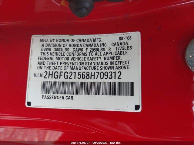 2008 HONDA CIVIC CPE SI VIN: 2HGFG21568H709312