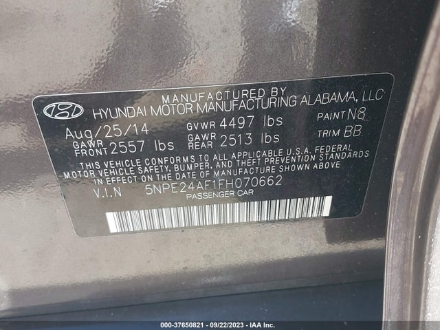 Hyundai Sonata 2.4l Se 2015 5NPE24AF1FH070662 Image 9