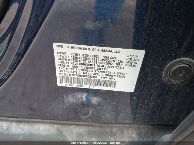 2019 HONDA PILOT ELITE VIN: 5FNYF6H01KB057983