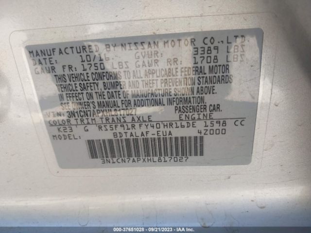 3N1CN7APXHL817027 Nissan Versa Sedan S
