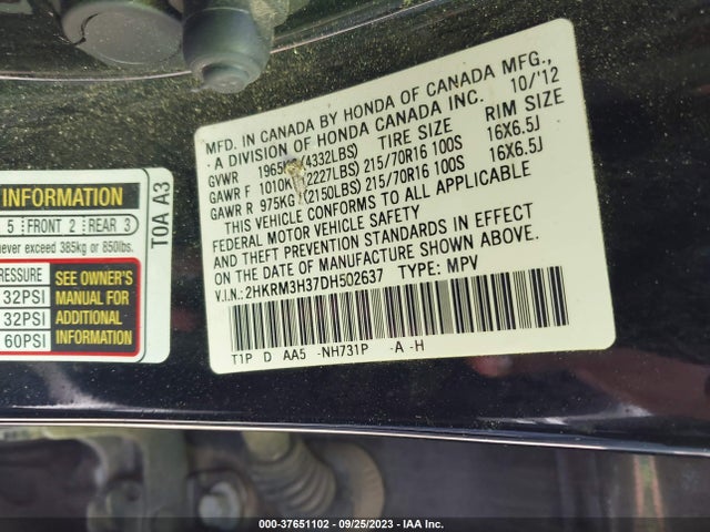 2013 HONDA CR-V LX VIN: 2HKRM3H37DH502637