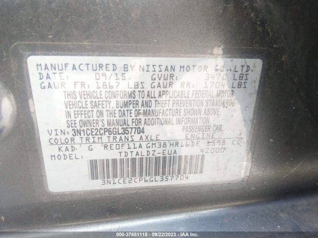 2016 NISSAN VERSA NOTE S PLUS/SV/SR/S (SR)/SL VIN: 3N1CE2CP6GL357704