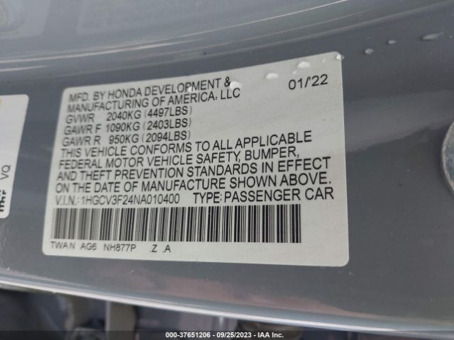 1HGCV3F24NA010400 Honda Accord Hybrid Sport