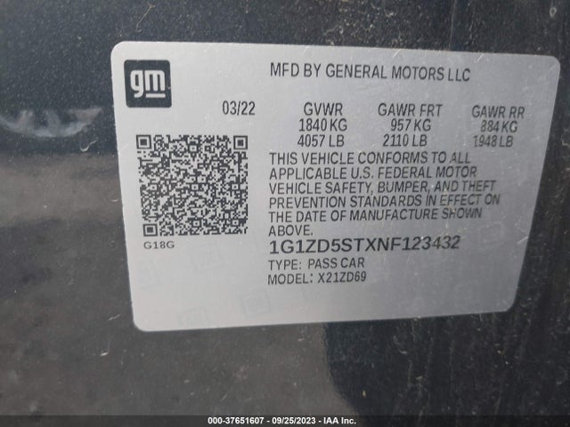 Chevrolet MALIBU LT 2022 1G1ZD5STXNF123432 Image 9