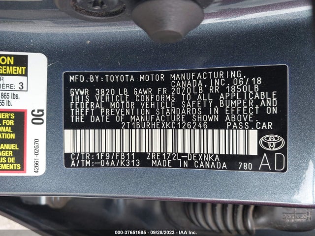 2019 TOYOTA COROLLA L/LE/SE/XLE/XSE VIN: 2T1BURHEXKC126246