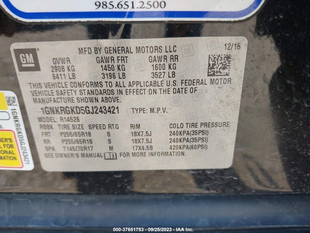 Chevrolet Traverse Lt 2016 1GNKRGKD5GJ243421 Image 9
