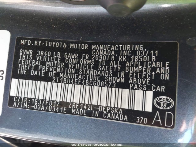 2011 TOYOTA COROLLA L/LE/S VIN: 2T1BU4EE4BC608573