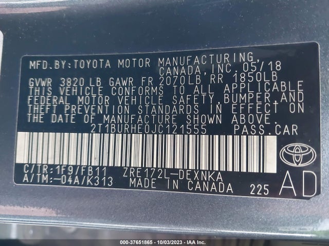 Toyota COROLLA LE 2018 2T1BURHE0JC121555 Image 9
