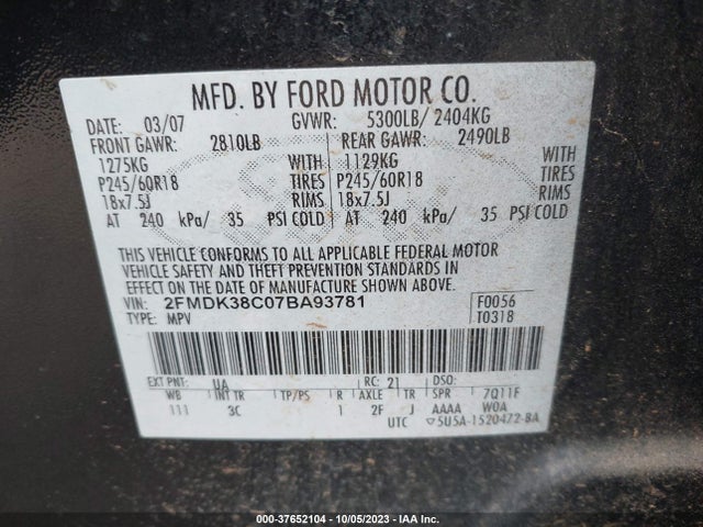 2007 FORD EDGE SEL VIN: 2FMDK38C07BA93781