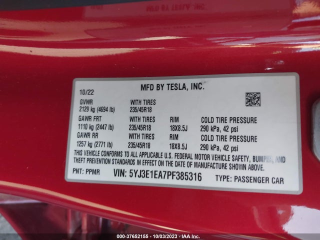 2023 Tesla 3, VIN: 5YJ3E1EA7PF385316
