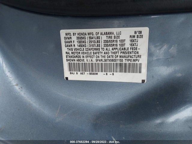 2009 HONDA ODYSSEY EX-L VIN: 5FNRL387X9B001155
