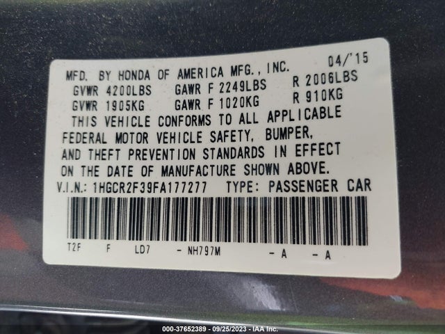 Honda Accord Sedan Lx 2015 1HGCR2F39FA177277 Image 9