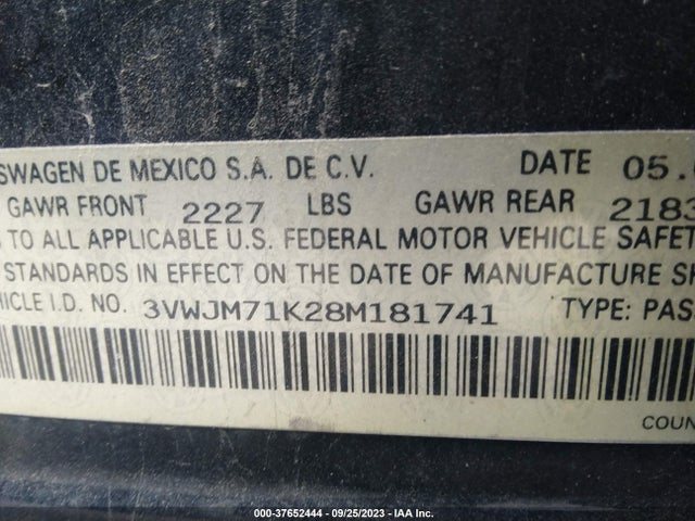 2008 VOLKSWAGEN JETTA SEDAN S VIN: 3VWJM71K28M181741