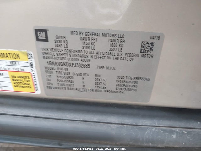 Chevrolet Traverse Lt 2015 1GNKVGKDXFJ332685 Image 9