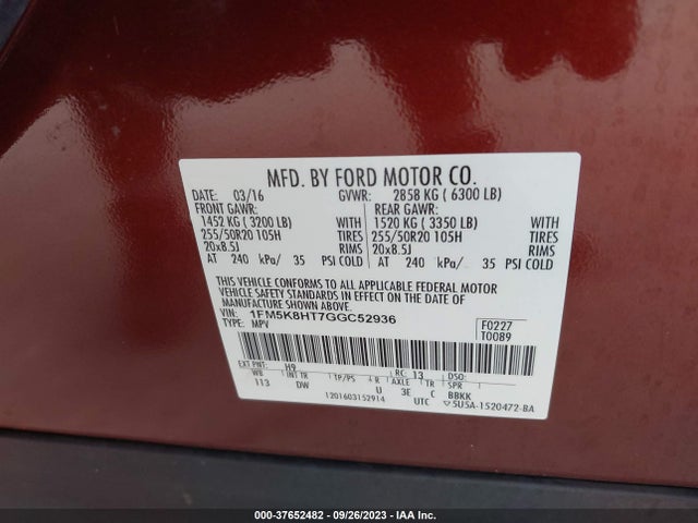 2016 FORD EXPLORER PLATINUM VIN: 1FM5K8HT7GGC52936