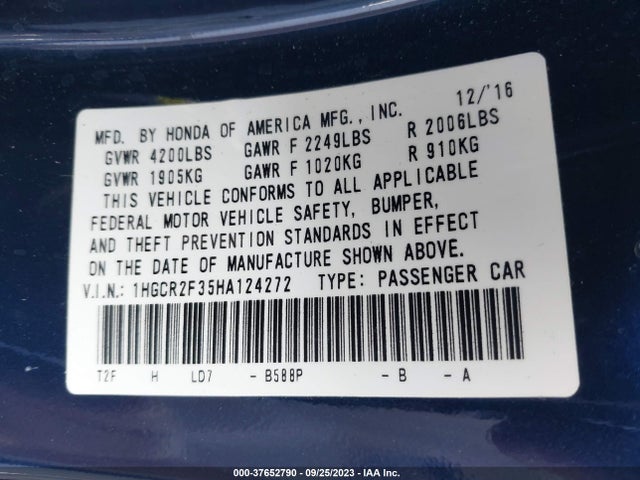 Honda ACCORD LX 2017 1HGCR2F35HA124272 Image 9