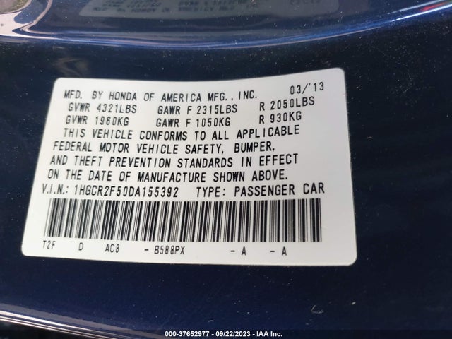 2013 HONDA ACCORD SDN SPORT VIN: 1HGCR2F50DA155392