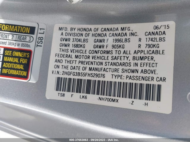Honda Civic Lx 2015 2HGFG3B55FH529076 Image 9