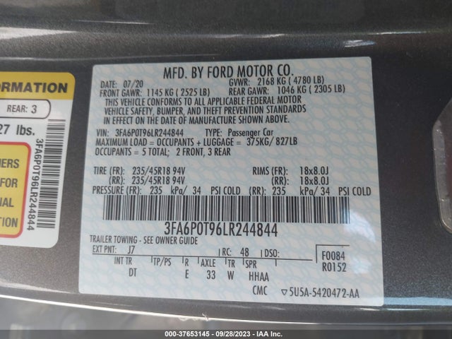 Ford FUSION SE 2020 3FA6P0T96LR244844 Image 9