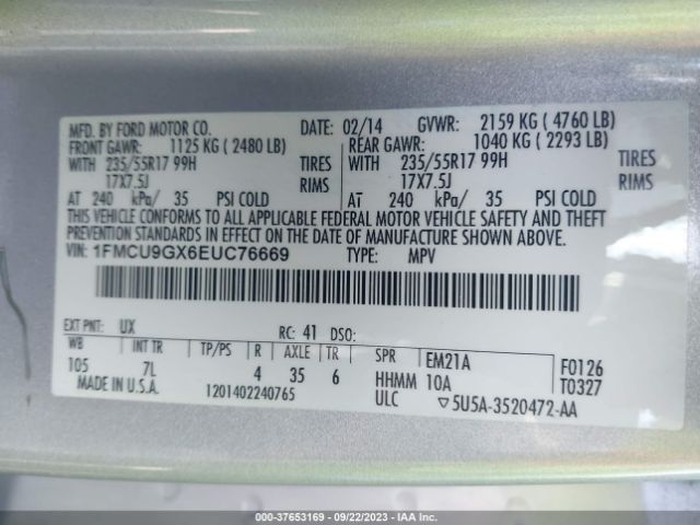 1FMCU9GX6EUC76669 Ford ESCAPE SE