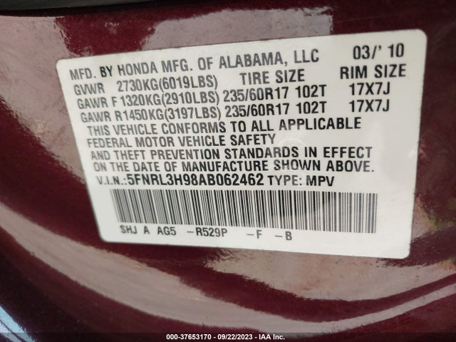 2010 HONDA ODYSSEY TOURING VIN: 5FNRL3H98AB062462