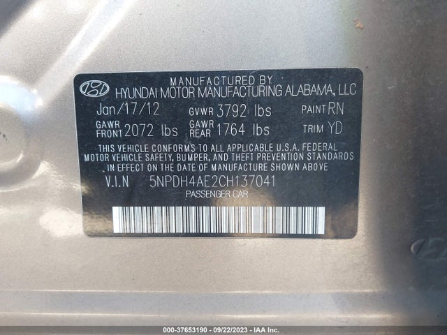 2012 HYUNDAI ELANTRA GLS VIN: 5NPDH4AE2CH137041