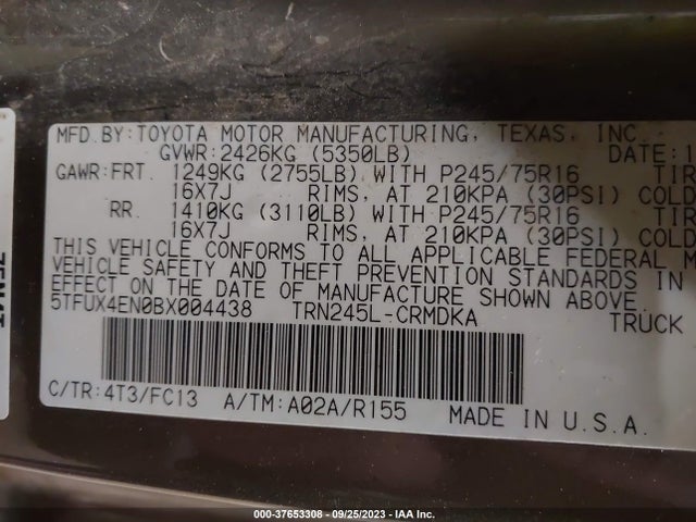 2011 TOYOTA TACOMA VIN: 5TFUX4EN0BX004438