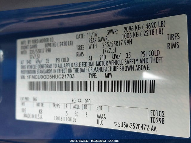 Ford ESCAPE SE 2017 1FMCU0GD5HUC21703 Image 9