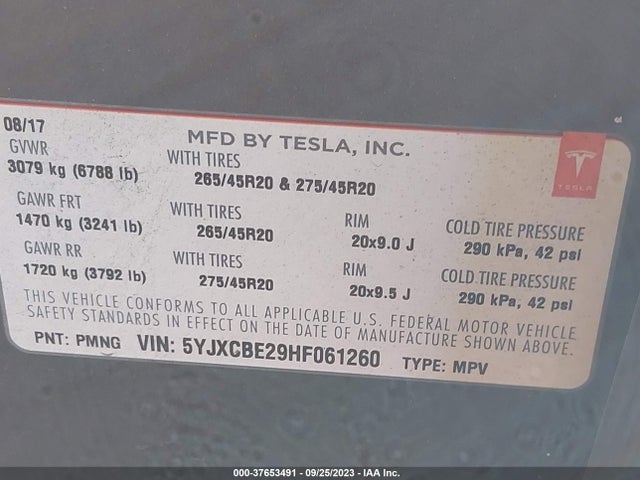 Tesla Model X 90d/75d/100d 2017 5YJXCBE29HF061260 Image 9