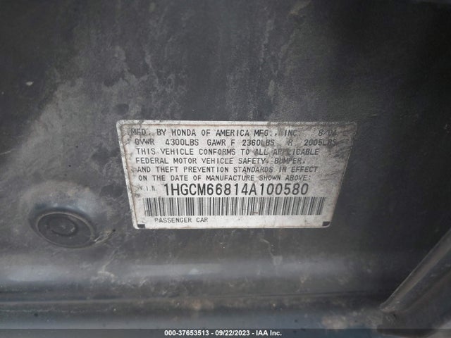 2004 HONDA ACCORD SDN EX VIN: 1HGCM66814A100580