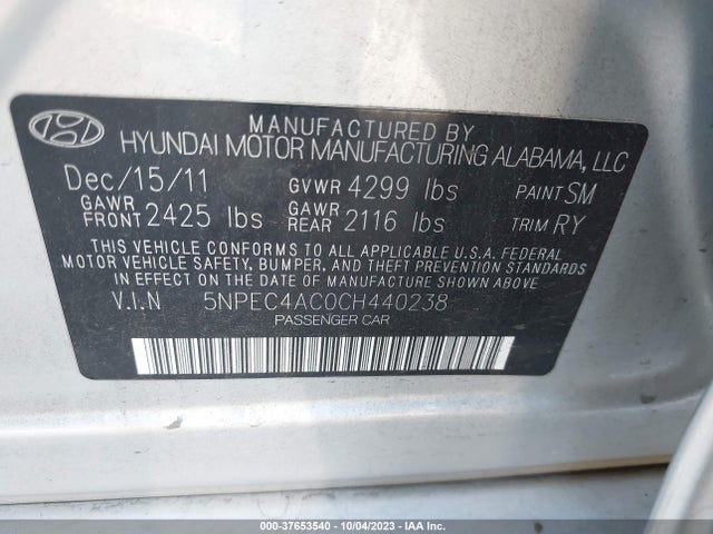 2012 HYUNDAI SONATA 2.4L LIMITED VIN: 5NPEC4AC0CH440238