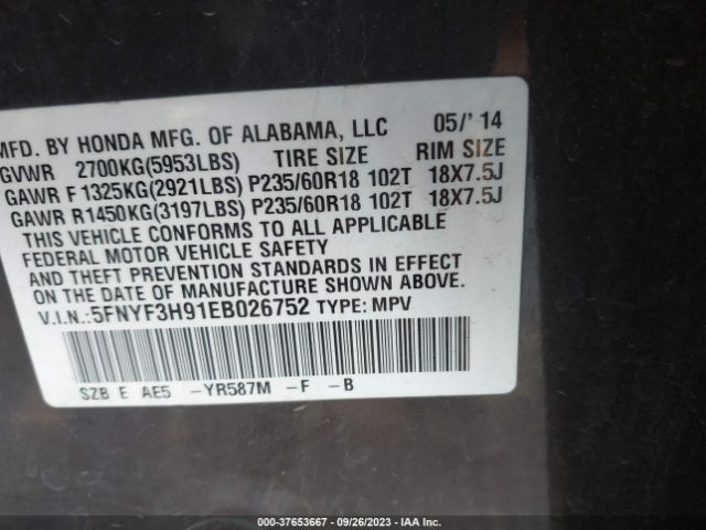 5FNYF3H91EB026752 Honda Pilot Touring