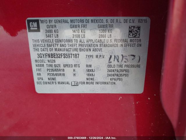 3GYFNBE32FS597187 Cadillac Srx Luxury Collection