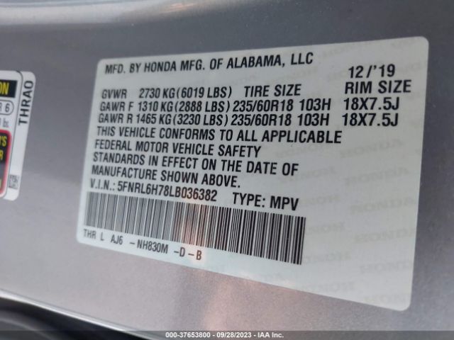 5FNRL6H78LB036382 Honda Odyssey Ex-l/ex-l W/navi & Res