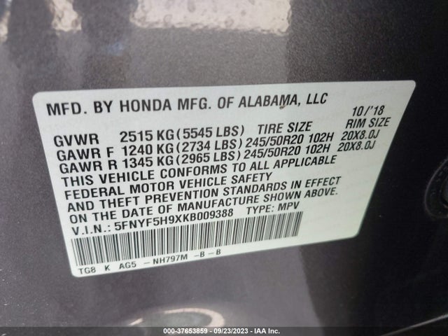 Honda Pilot Touring 2019 5FNYF5H9XKB009388 Image 9