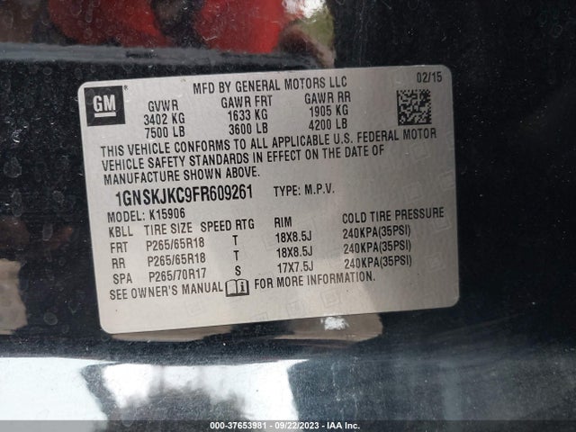 Chevrolet Suburban Lt 2015 1GNSKJKC9FR609261 Image 9
