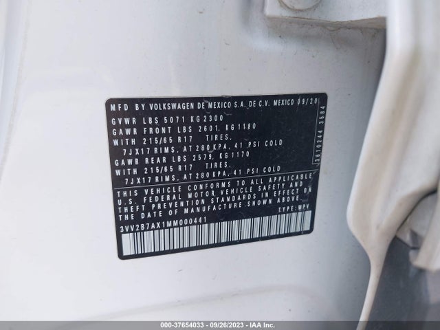 3VV2B7AX1MM000441 Volkswagen Tiguan Se/se R-line Black/sel
